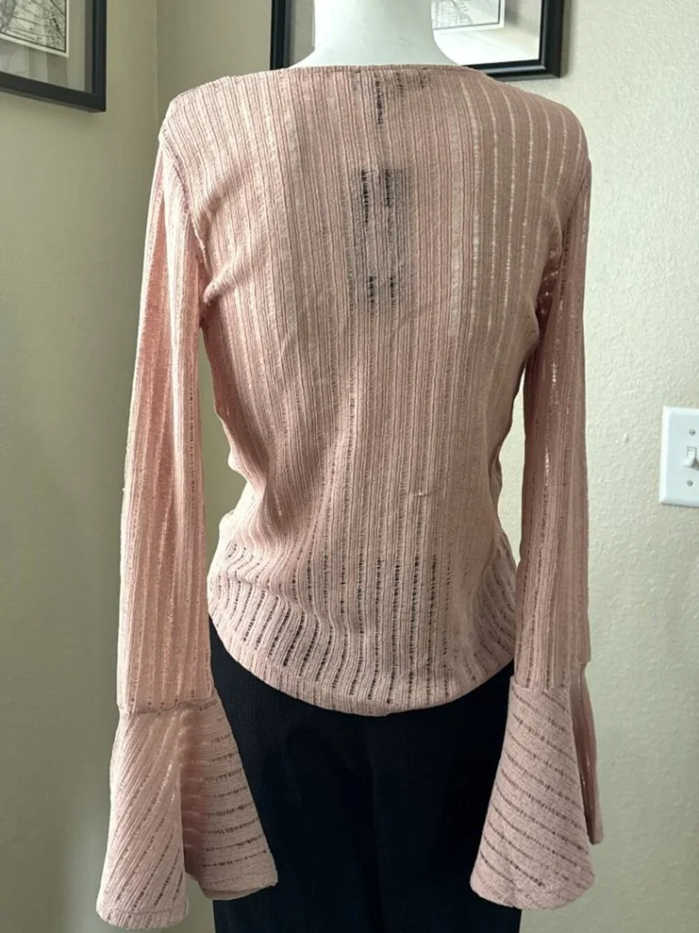NWT Supertrash Blush Pink Sheer Pointelle Knit Bell Sleeve V-Neck Top Size XS